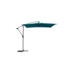 Sombrilla Manoa Peacck de 2.5 m Hespéride, abierta en color turquesa con brazo lateral y base metálica gris