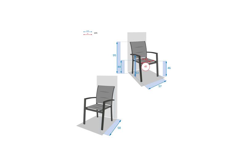Silla Allure blanco Hespéride, gráfico con dimensiones técnicas en centímetros y medidas de altura, ancho y profundidad