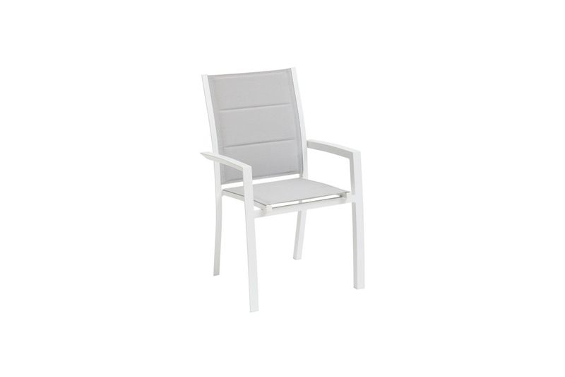 Silla Allure blanco Hespéride, vista diagonal frontal con estructura blanca y asiento y respaldo en tela gris claro