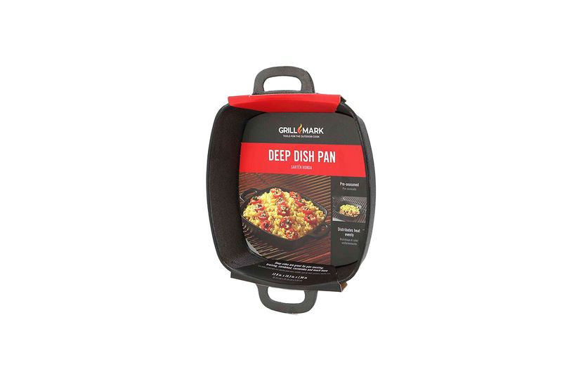 Sartén para asar hierro fundido 12x10 pulgadas Grill Mark, vista cenital con empaque de cartón rojo y negro