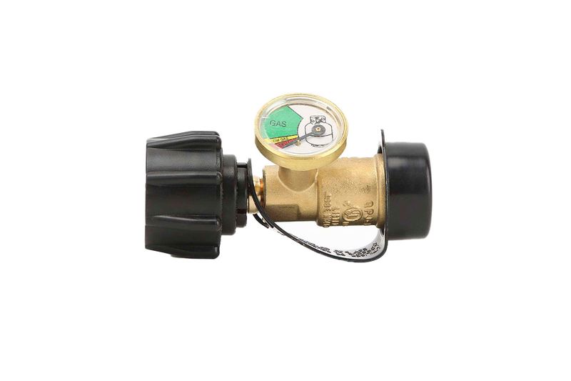 Indicador de nivel de tanque Grill Mark, dispositivo de latón con manómetro circular y perilla de ajuste negra