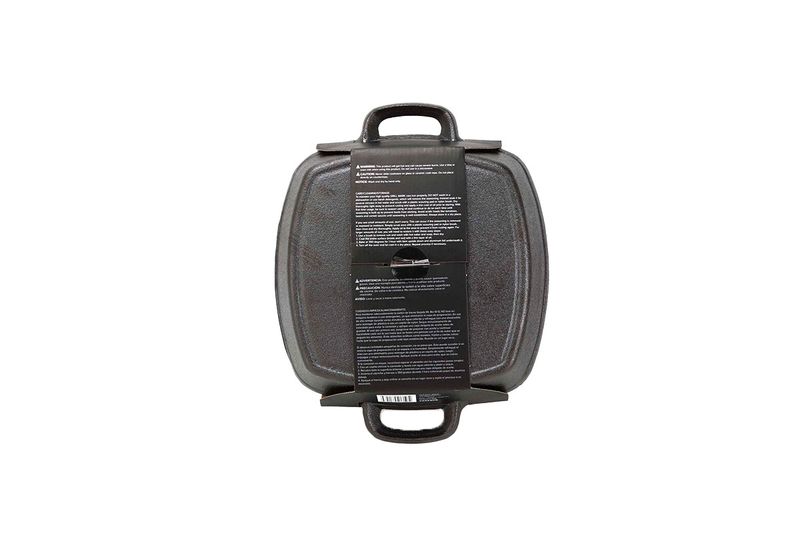 Sartén para asar hierro fundido 12x10 pulgadas Grill Mark, vista posterior con etiqueta de advertencias y manual de uso