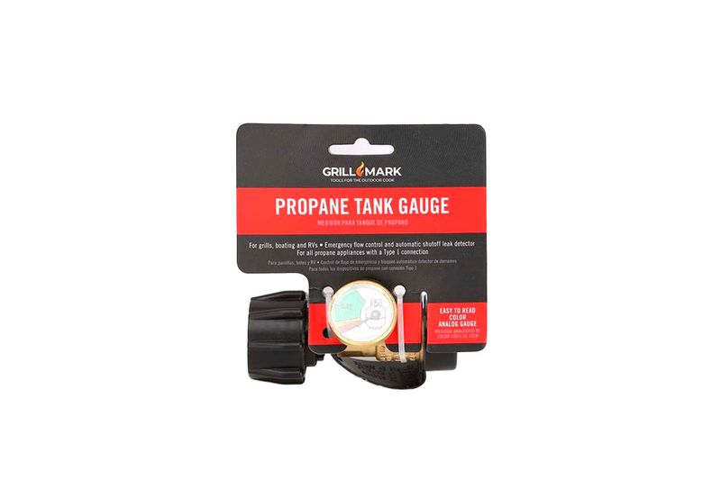 Indicador de nivel de tanque Grill Mark, empaque comercial con el producto y detalles técnicos en inglés y español