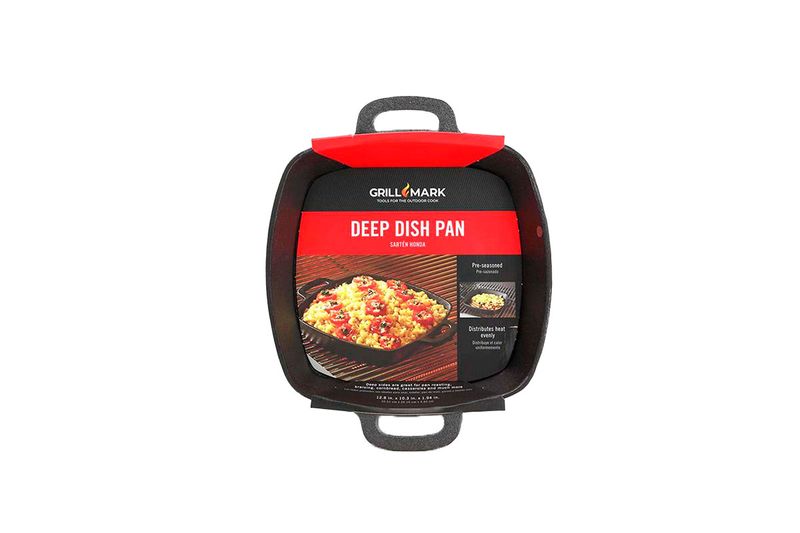 Sartén para asar hierro fundido 12x10 pulgadas Grill Mark, producto en su empaque con ilustración de comida preparada