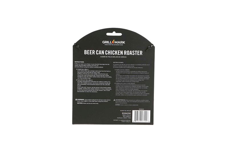 Asador para aves con lata 6x6 pulgadas Grill Mark, parte posterior del empaque con instrucciones en inglés y español