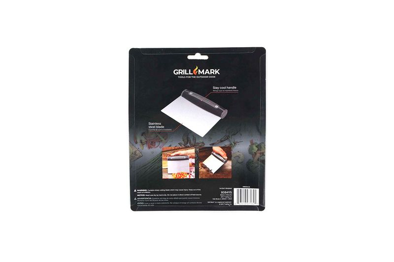 Espátula picadora para BBQ Grill Mark, empaque posterior con imágenes ilustrativas de uso y especificaciones técnicas