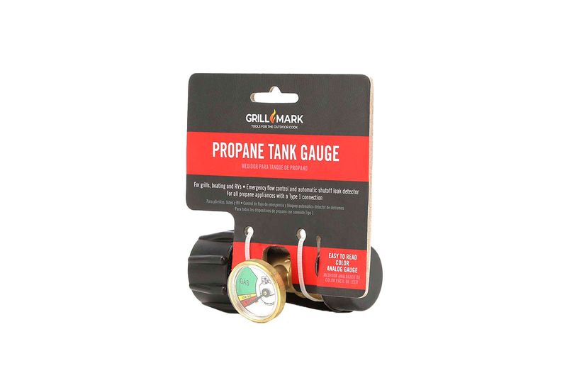 Indicador de nivel de tanque Grill Mark, producto en su empaque comercial con fondo rojo y negro