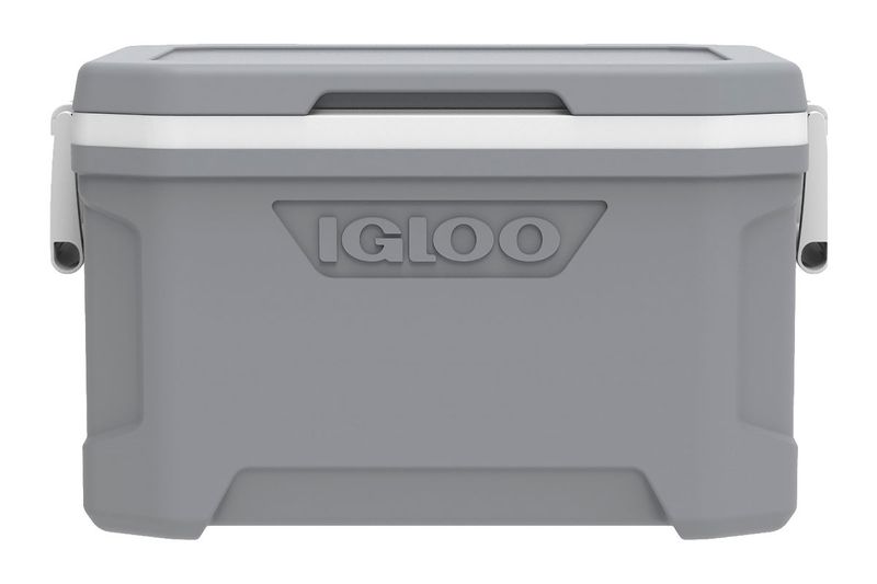 Hielera 50 qt Profile II gris Igloo, vista frontal del cuerpo gris con tapa y cierre blanco