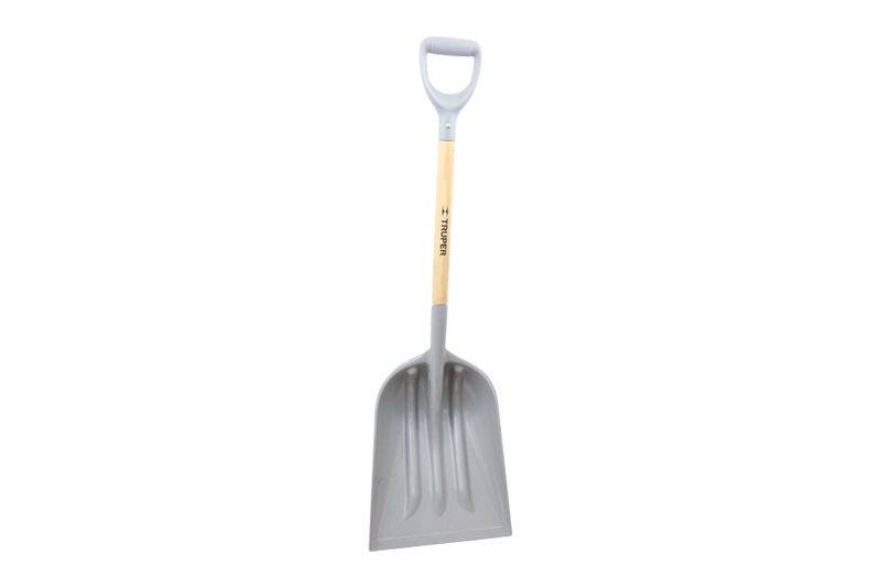 Pala plástica cuadrada mango corto Truper, vista frontal de la herramienta en color gris con mango de madera