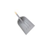 Pala plástica cuadrada mango corto Truper, vista cenital del cabezal gris y parte del mango de madera