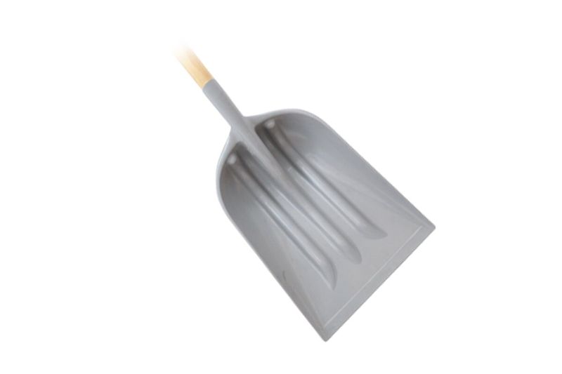 Pala plástica cuadrada mango corto Truper, vista cenital del cabezal gris y parte del mango de madera