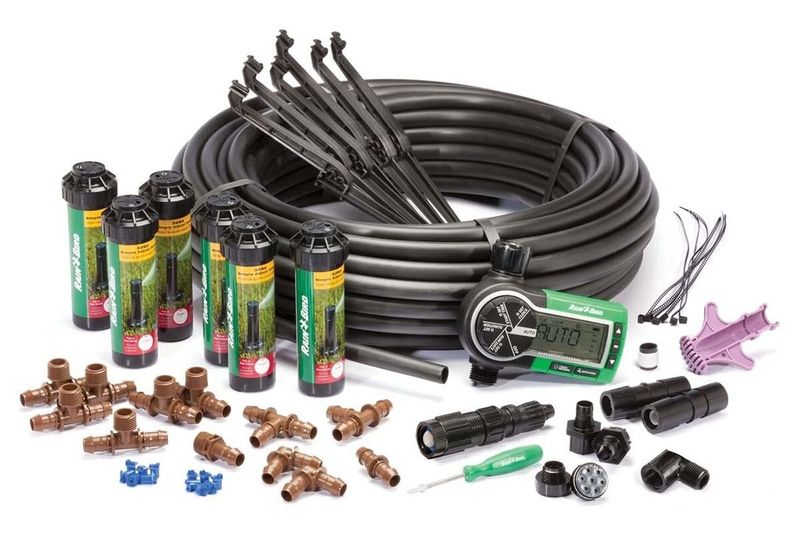 Kit aspersores timer tubos y conectores Rain Bird, conjunto desglosado con manguera negra, timer digital y accesorios