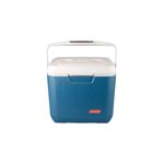 Hielera 28 qt azul Xtreme Coleman, vista frontal con tapa blanca y asa metálica extendida