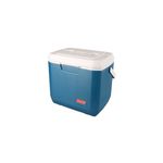 Hielera 28 qt azul Xtreme Coleman, vista en ángulo con tapa blanca y asa lateral