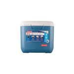 Hielera 28 qt azul Xtreme Coleman, vista frontal resaltando las especificaciones técnicas y capacidad en el exterior