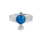 Aspersor para jardín tipo base Ace, vista frontal metálica con difusor circular azul perforado