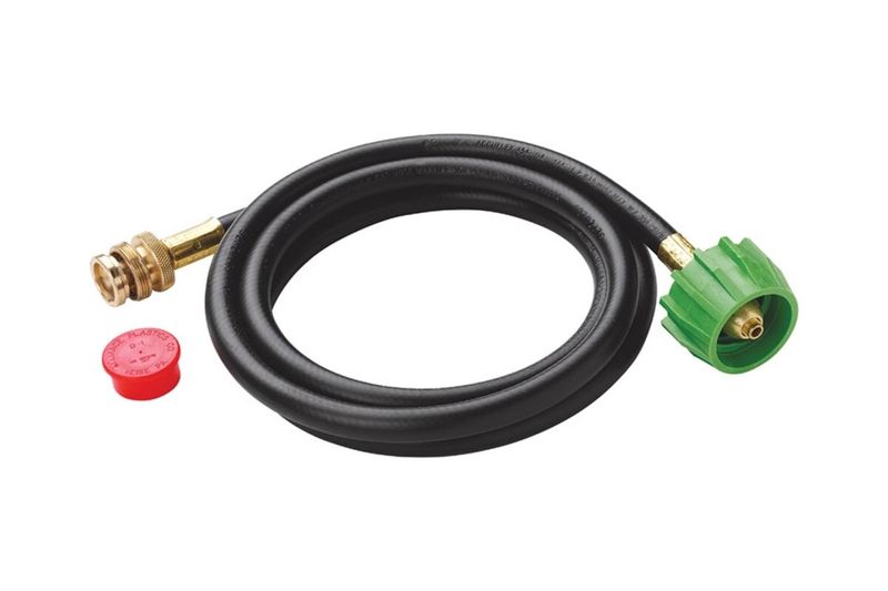 Válvula y adaptador para barbacoa Weber de 72 pulgadas, manguera negra enrollada con adaptador verde y tapón rojo