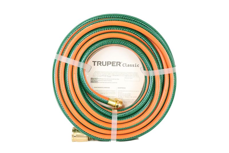 Manguera reforzada 3 capas Truper de 1/2 pulgada x 10 metros, enrollada con amarres plásticos y etiqueta central blanca