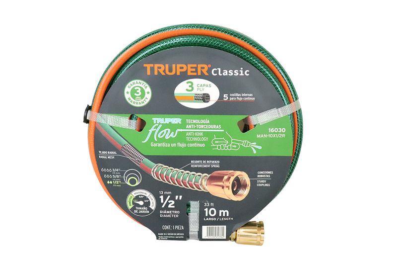 Manguera 1/2 pulgada x 10 metros reforzada 3 capas Truper, empaque circular con etiquetas técnicas y detalles del producto
