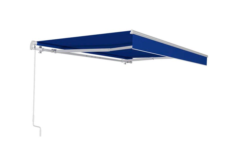 Kit cobertor y cenefa para toldo retráctil 2.90 x 2 m color azul Holztek, instalado en estructura metálica blanca