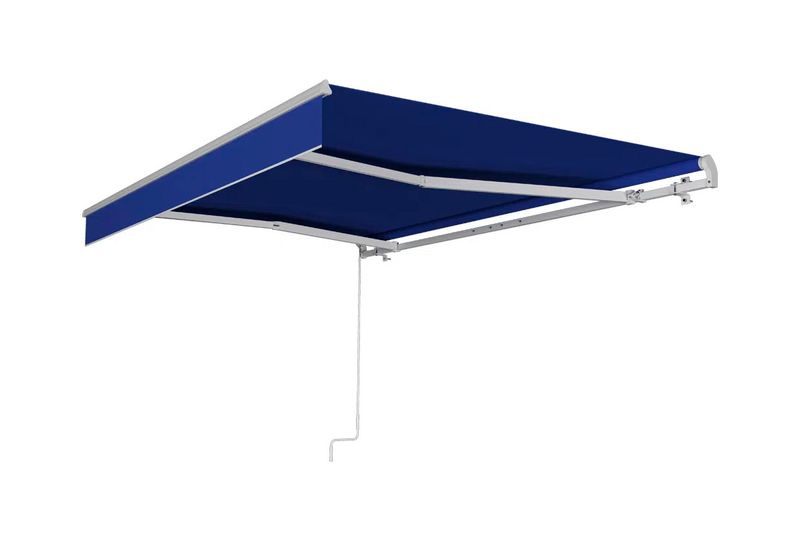 Kit cobertor y cenefa para toldo retráctil 2.90 x 2 m color azul Holztek, vista lateral extendida con manivela blanca