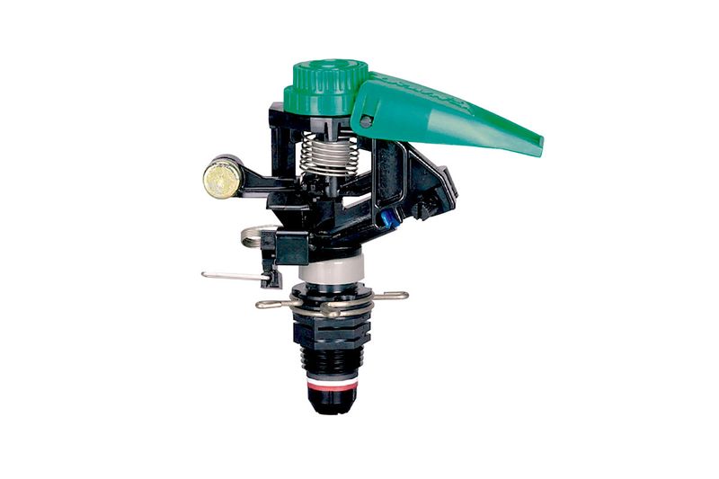 Cabeza para aspersor de impacto sprinkler Rain Bird de 3 pulgadas y 360°, vista lateral del mecanismo en color negro y verde