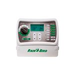 Temporizador de riego 6 zonas Rain Bird, primer plano frontal del panel de control digital y dial de selección