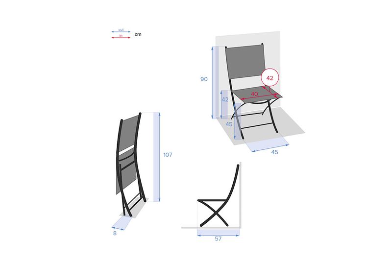 Silla plegable tela/aluminio Essentia antracita/grafito Hespéride, gráfico técnico con medidas en centímetros