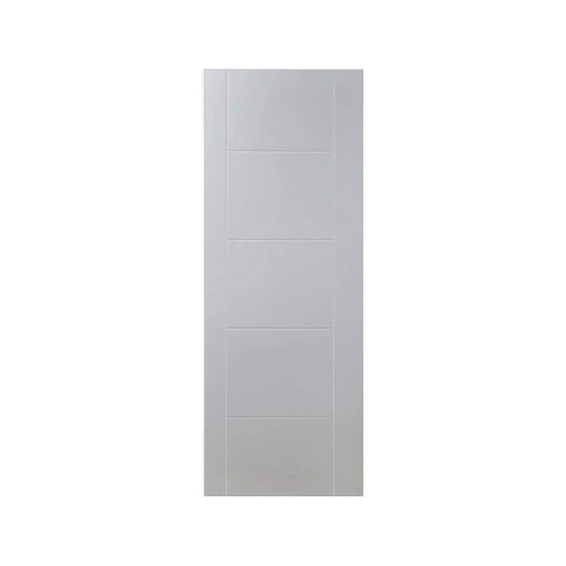 Puerta metálica Amparo 80 cm x 210 cm Puertas Globales, vista frontal de color gris con relieves rectangulares