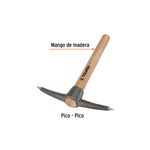 Pico de acero mango madera 14 pulgadas Truper, primer plano del mango con texto descriptivo y logo de la marca