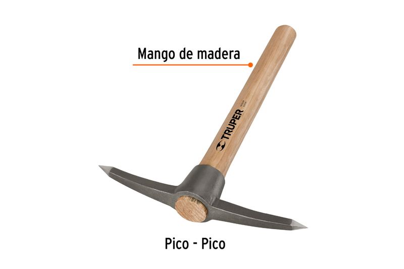 Pico de acero mango madera 14 pulgadas Truper, primer plano del mango con texto descriptivo y logo de la marca