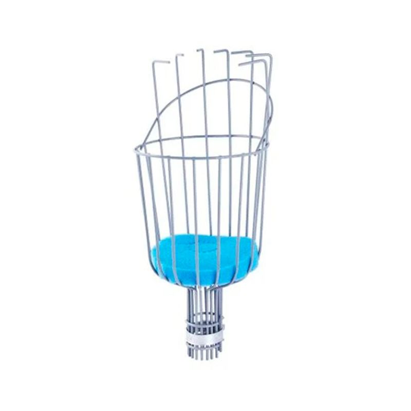 Recolector de frutas de acero recubierta de PVC Ace, vista frontal de la canasta metálica con almohadilla azul en el fondo