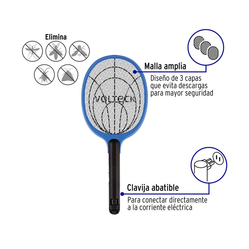 Raqueta eléctrica mata insectos recargable Volteck, gráfico con detalles de la malla de 3 capas y clavija abatible