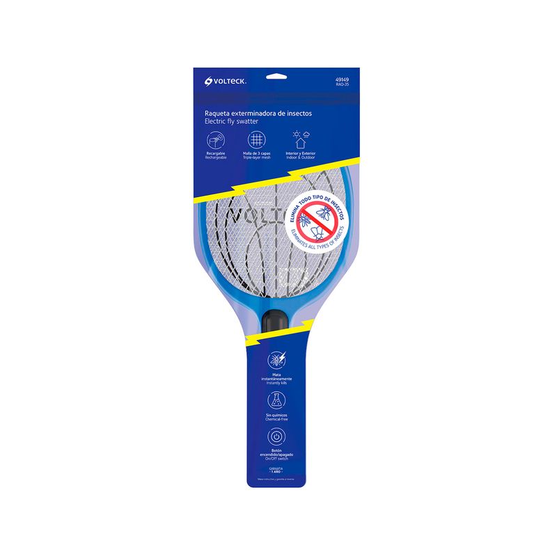 Raqueta eléctrica mata insectos recargable Volteck, vista frontal del producto dentro de su empaque azul y blanco
