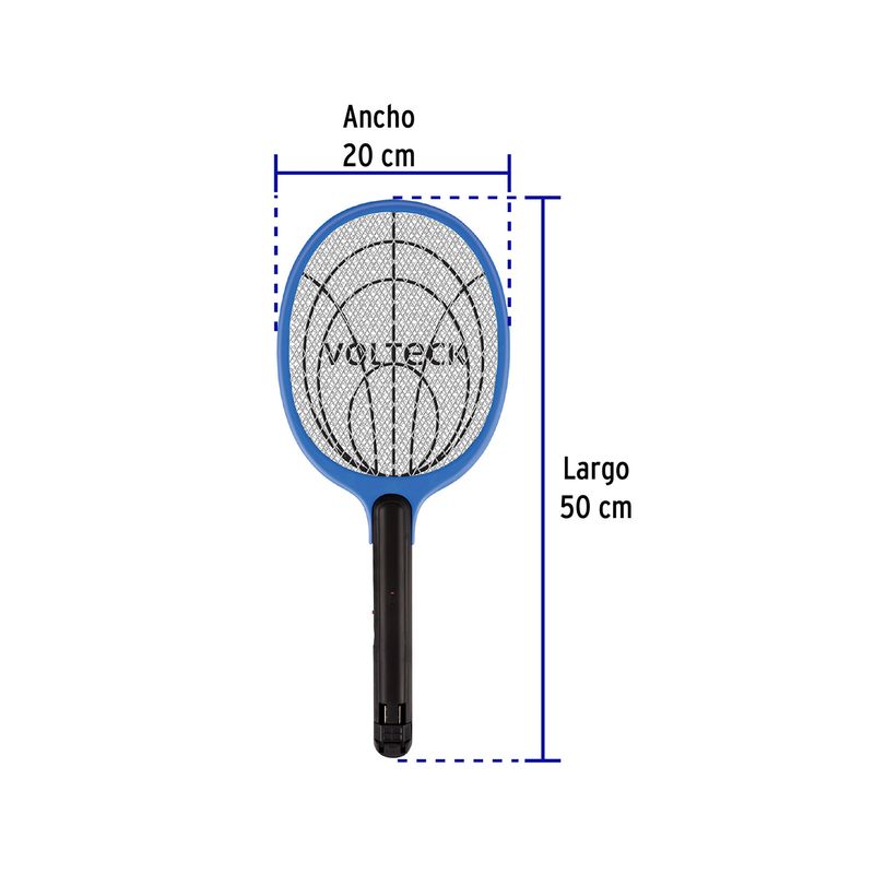 Raqueta eléctrica mata insectos recargable Volteck, gráfico con medidas de 20 cm de ancho y 50 cm de largo