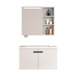Mueble para baño aéreo gris azulado 80 x 46 cm con espejo LED Sinsa, vista frontal del mueble con lavamanos y espejo