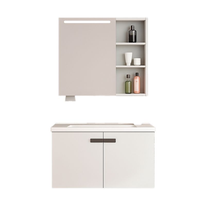 Mueble para baño aéreo gris azulado 80 x 46 cm con espejo LED Sinsa, vista frontal del mueble con lavamanos y espejo