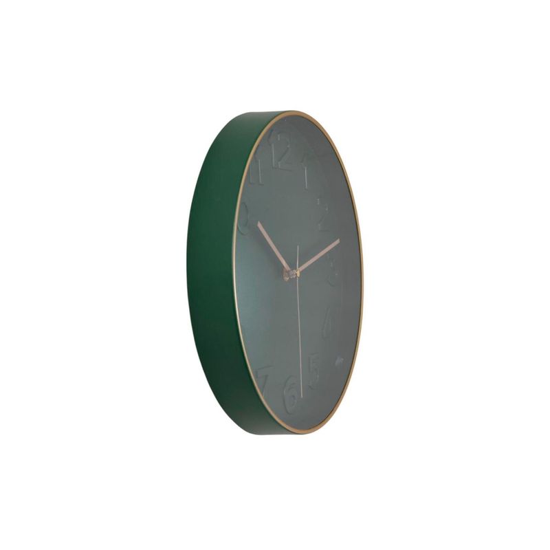 Reloj de pared con movimiento con batería AA 30x4.2x30 cm Concepts, vista lateral en ángulo que muestra el grosor verde