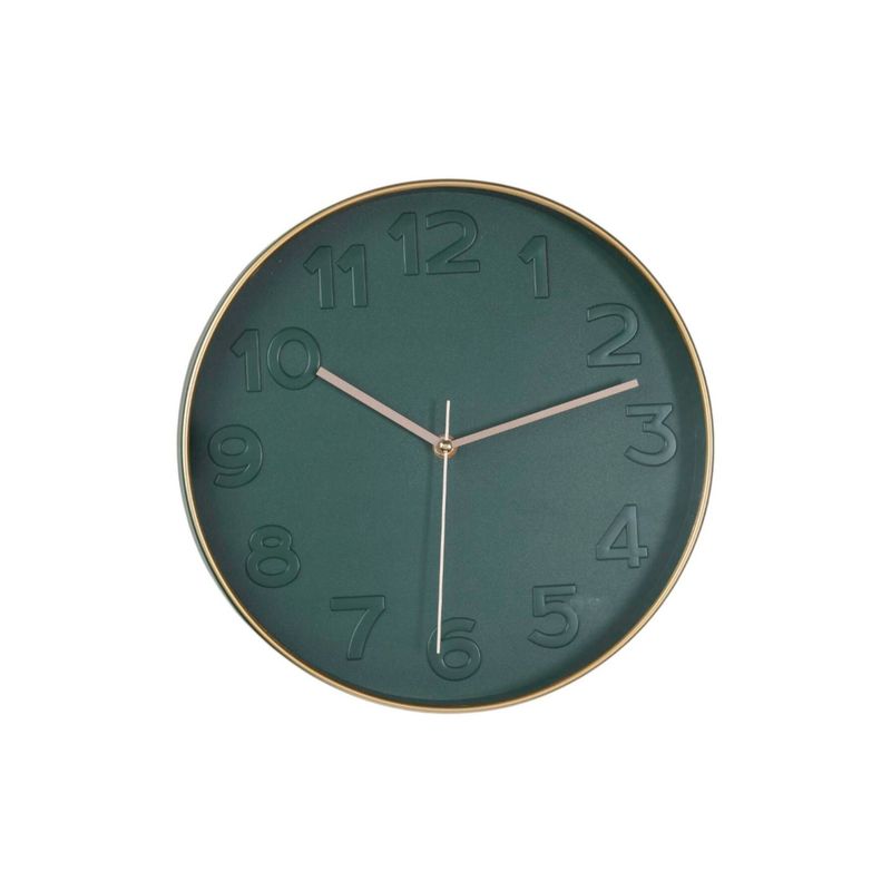 Reloj de pared con movimiento y batería AA 30x4.2x30 cm Concepts, vista frontal de color verde con marco y números dorados