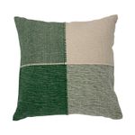 Cojín decorativo 50x50 cm Concepts, vista frontal con diseño de cuatro bloques en tonos verde y beige