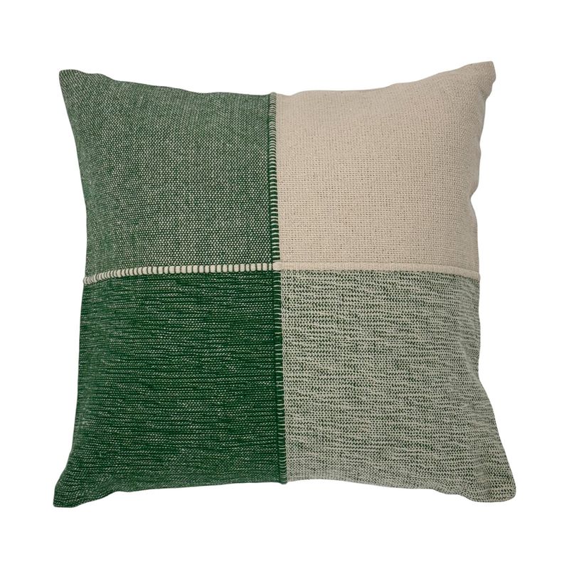 Cojín decorativo 50x50 cm Concepts, vista frontal con diseño de cuatro bloques en tonos verde y beige