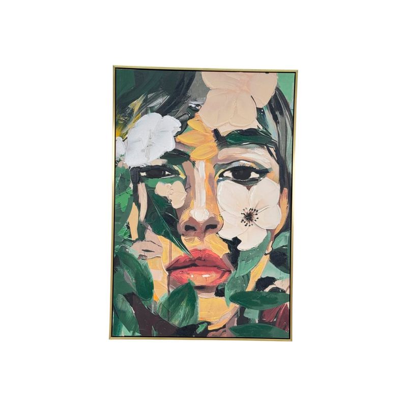 Cuadro decorativo 4.3 x 82.6 x 122.6 cm Concepts, retrato artístico de un rostro con flores y hojas en marco dorado