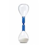 Reloj de arena decorativo 7.4x7.4x27 cm Concepts, vista frontal con estructura de vidrio y centro en color azul