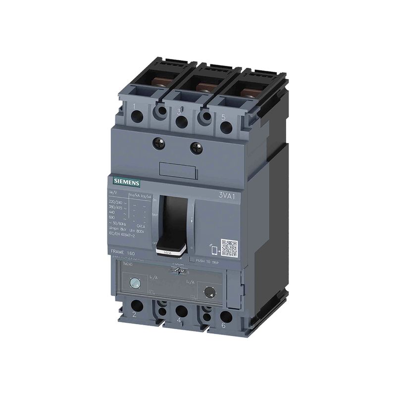 Main breaker IEC 3VA1 3x100A 415V Siemens, vista frontal en ángulo del interruptor eléctrico de tres polos