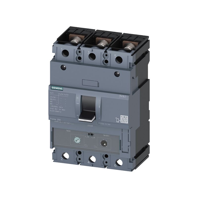 Main breaker IEC 3VA1 3x250A 415V Siemens, vista frontal en ángulo del interruptor eléctrico gris con palanca de mando