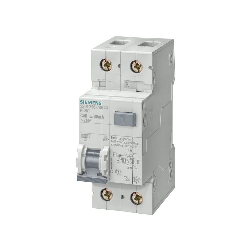 Autómato diferencial 1P + N 30 mA 6 amp 230 VAC Siemens, vista frontal en ángulo del dispositivo eléctrico blanco