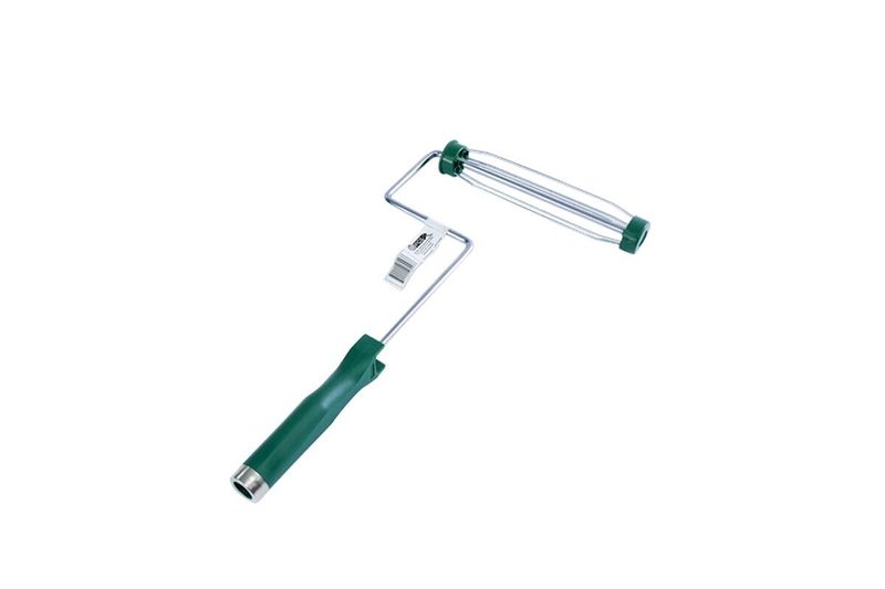 Rodillo para felpa de 5 alambres Nova verde 9 pulgadas superior, vista lateral del armazón metálico y mango verde