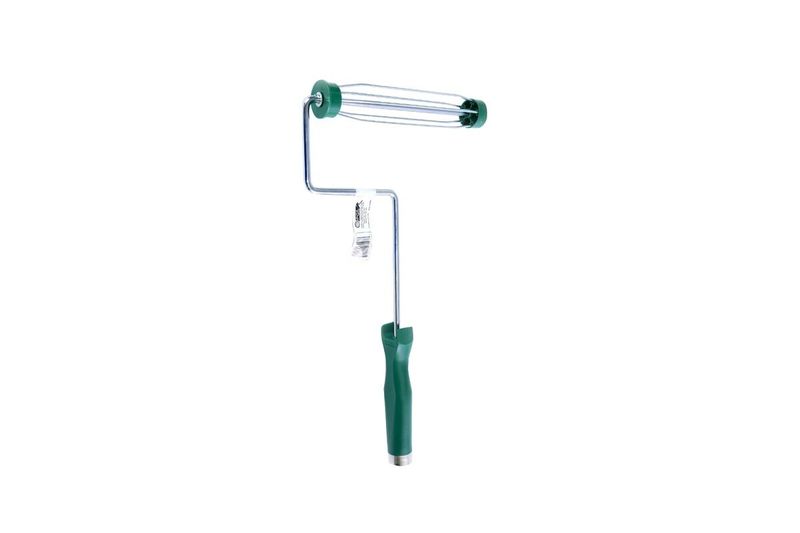 Rodillo para felpa de 5 alambres Nova verde 9 pulgadas superior, vista lateral del armazón metálico y mango verde