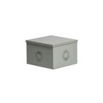 Caja de registro superficial 6x6x4 Eaton, vista en perspectiva del cubo metálico gris con orificios laterales