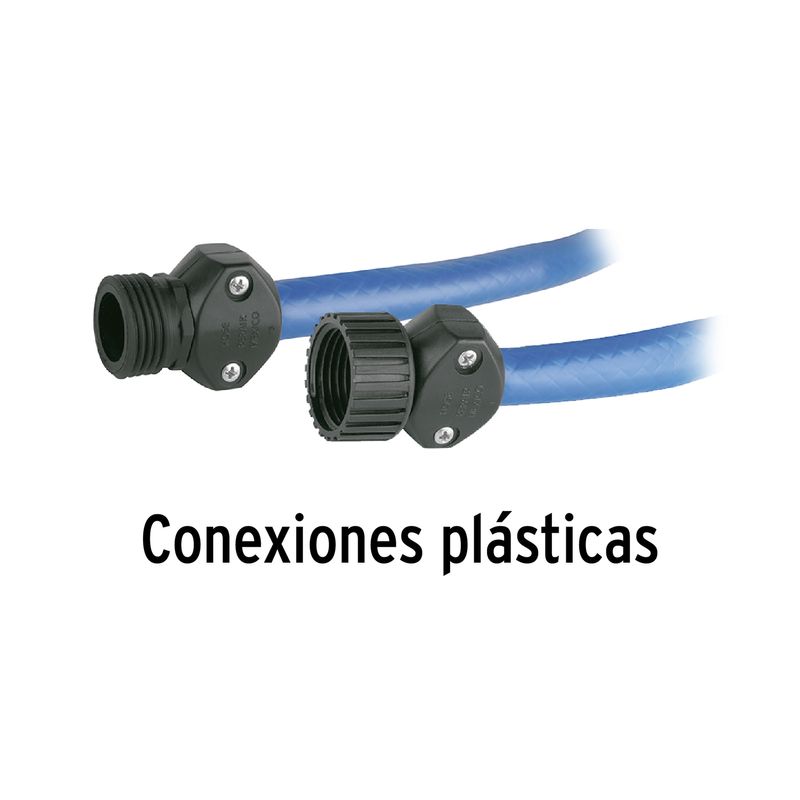 Manguera 1/2 pulgada x 15 mts 3 capas azul Pretul, detalle de las conexiones plásticas negras en los extremos